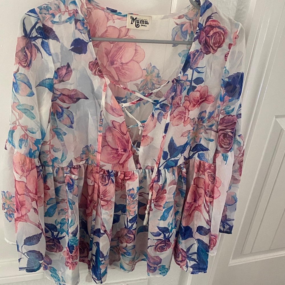 Show Me Your MuMu Pink and Blue Floral Blouse